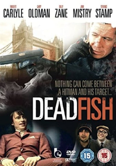 Movie poster for 'Deadfish' featuring a gun, London Bridge, and four individuals.