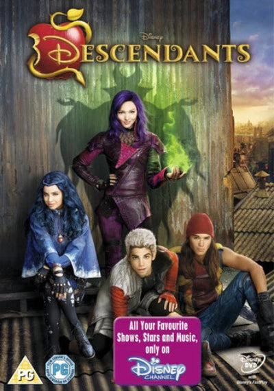 Promotional poster for 'Descendants' featuring four characters on a rooftop with Disney Channel branding.