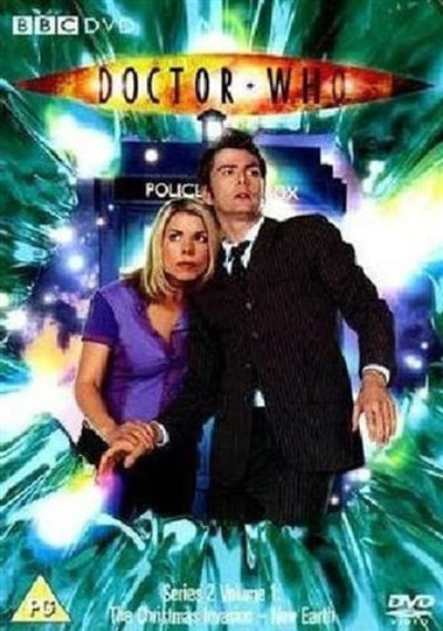 DVD cover of 'Doctor Who' featuring a man and woman in front of a police box with colorful background