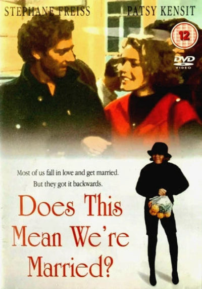 Movie poster for 'Does This Mean We're Married?' featuring two people and a person holding a baby, with text and DVD logo.