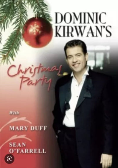 Promotional poster for Dominic Kirwan's Christmas Party featuring a man in a suit with a red ornament and greenery.