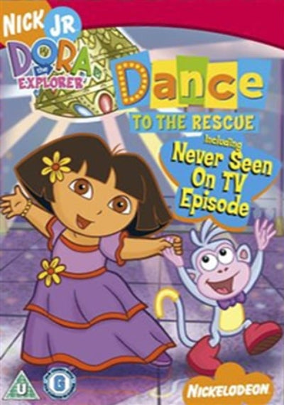DVD cover of 'Dora the Explorer' with Dora and Boots dancing, featuring Nick Jr. branding.