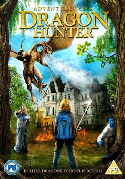 Movie poster for 'Adventures of a Dragon Hunter' with characters and dragon in front of a school building.