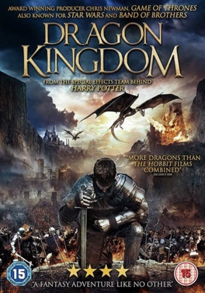 Movie poster for 'Dragon Kingdom' featuring a knight with a sword and dragons in a fantasy setting.