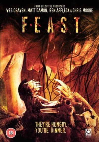 Movie poster for 'Feast' with text and a dark, eerie background.