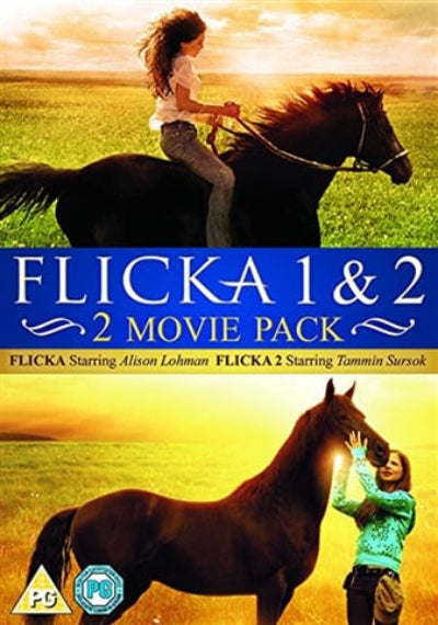 Two movie covers for 'Flicka 1 & 2' featuring a woman riding a horse and another woman petting a horse in a field.