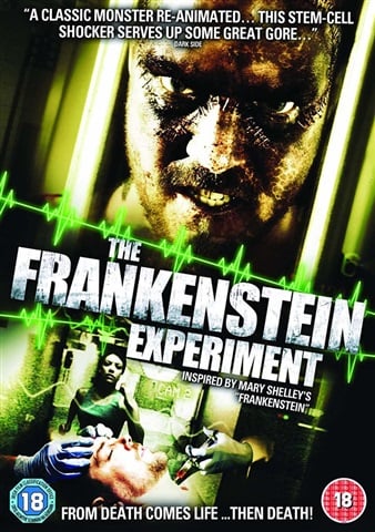 Movie poster for 'The Frankenstein Experiment' with a creature and medical scene.