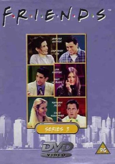 DVD cover of 'Friends' Series 3 with character images and city skyline.