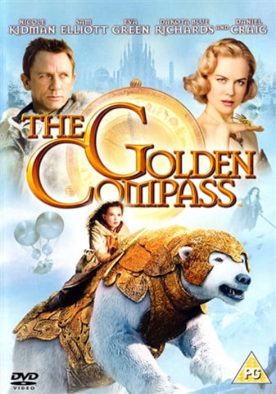 Movie poster for 'The Golden Compass' featuring characters and a polar bear with a compass.