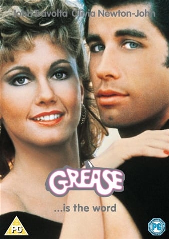 Movie poster for 'Grease' featuring a woman and a man with the title and tagline.