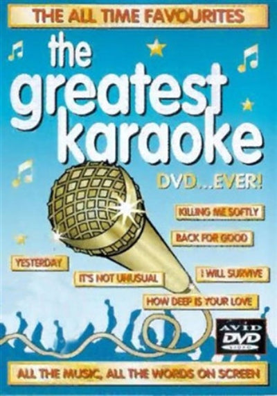 Cover of 'The Greatest Karaoke DVD Ever!' with a microphone illustration and song titles on a blue background.
