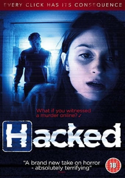 Movie poster for 'Hacked' with a woman's face and a man in the background, featuring text about witnessing a murder online.