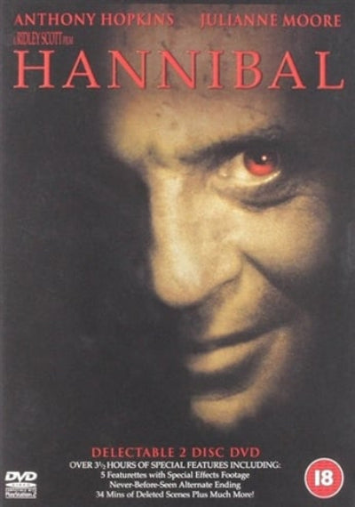 DVD cover of 'Hannibal' featuring a close-up of a character with red eyes.