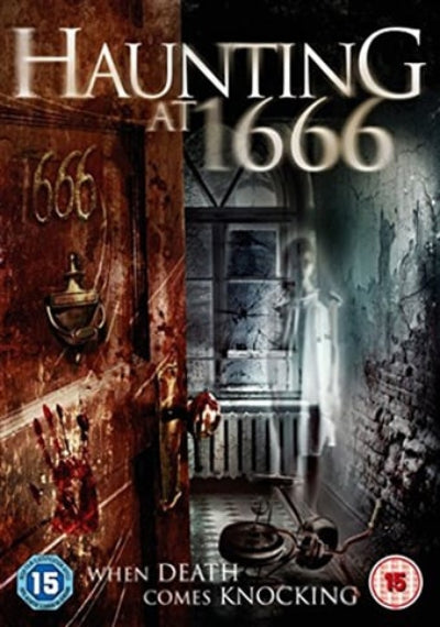Movie poster for 'Haunting at 1666' with a door and ghostly figure.