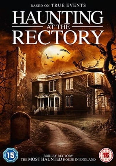 Movie poster for 'Haunting at the Rectory' with a haunted house and moonlit scene.