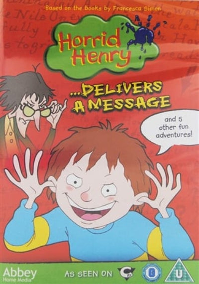 DVD cover of 'Horrid Henry Delivers a Message' with cartoon characters and text.