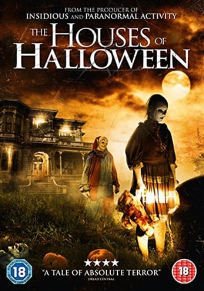 Movie poster for 'The Houses of Halloween' with two people and a house in the background.