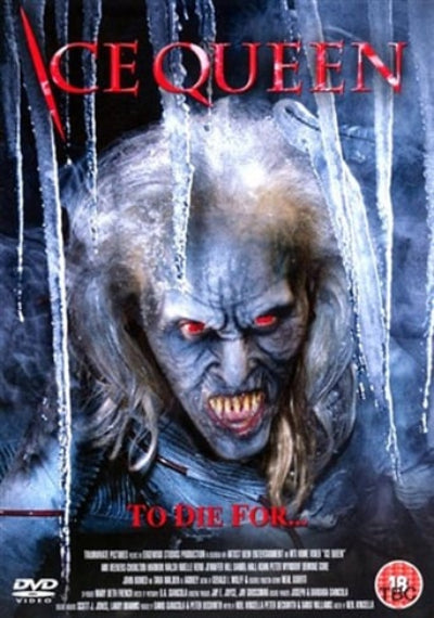 Movie poster for 'Ice Queen' featuring a icy character with red eyes.