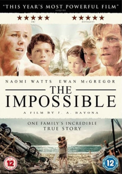 DVD cover of 'The Impossible' featuring a family scene and text about the film.