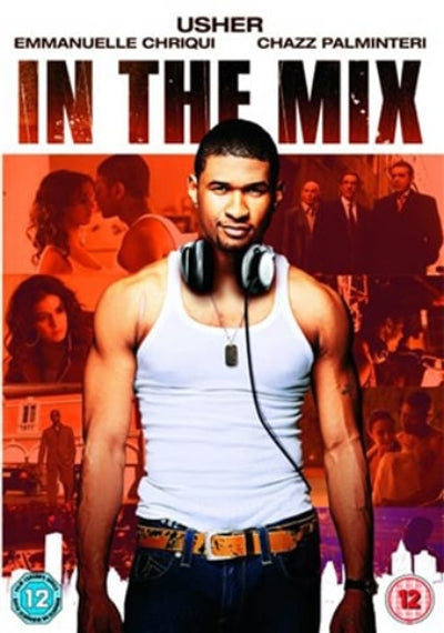 Movie poster for 'In the Mix' featuring a man with headphones and background images.
