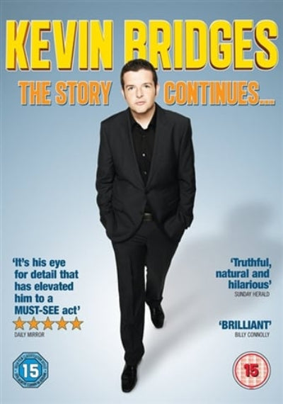 Promotional poster for 'Kevin Bridges: The Story Continues' with a man in a suit against a light blue background.