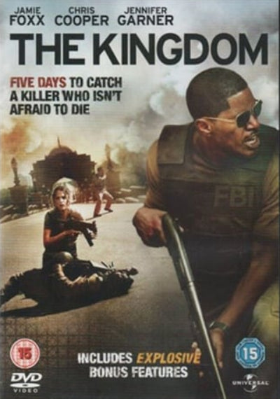 DVD cover of 'The Kingdom' featuring Jamie Foxx, Chris Cooper, and Jennifer Garner with action scene and text.