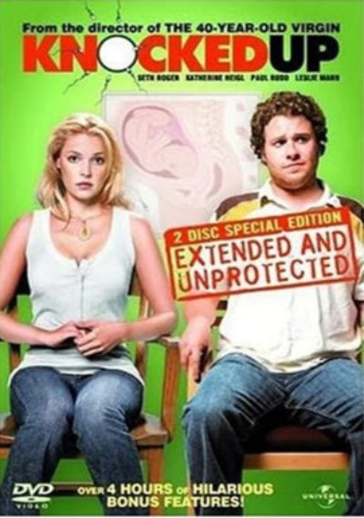 Movie poster for 'Knocked Up' with two characters sitting on chairs against a green background.