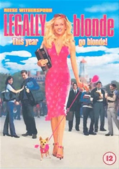 Movie poster for 'Legally Blonde' with a woman in a pink dress walking a dog, set against a cityscape.