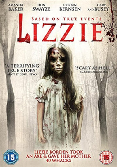 Movie poster for 'Lizzie' with a young girl in a white dress in a forest setting.