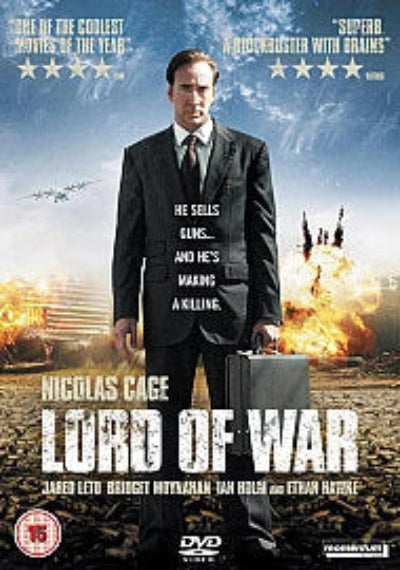 Movie poster for 'Lord of War' featuring a man in a suit with an explosion in the background.