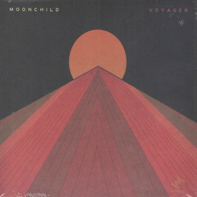 Album cover with a stylized illustration of a sun and mountain, featuring the text 'Moonchild' and 'Voyager'.