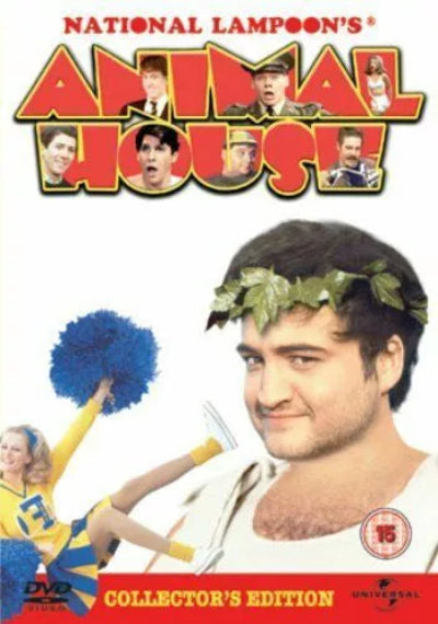 DVD cover of 'National Lampoon's Animal House' with a man in a laurel wreath and cheerleaders.