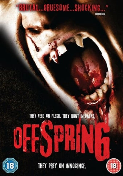 Movie poster for 'Offspring' with a close-up of a mouth with blood and text describing the film's content.