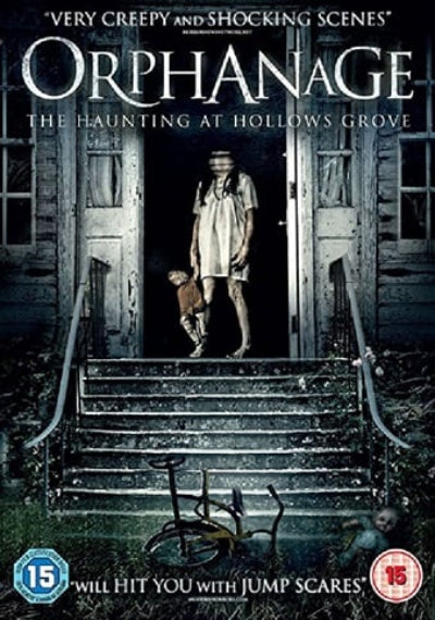 Movie poster for 'Orphanage: The Haunting at Hollows Grove' with a woman and child on a staircase.