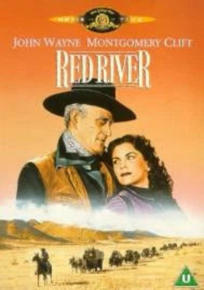 Movie cover art for 'Red River' featuring John Wayne Montgomery Clift and a woman, with a cowboy and caravan in a desert landscape below, on an orange background.