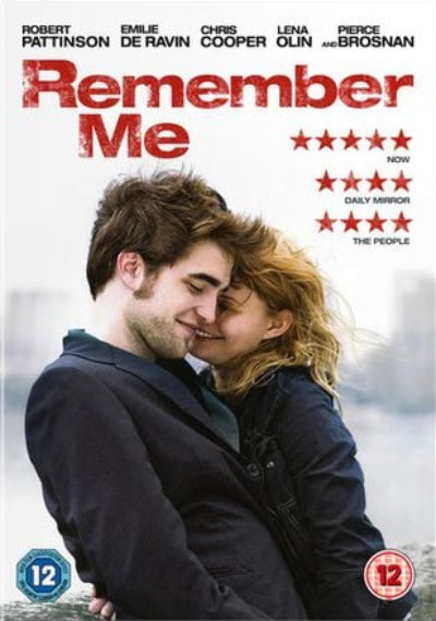 DVD cover for the film 'Remember Me' featuring Robert Pattinson and Emily De Ravin embracing, with red title text and star ratings on a white background.