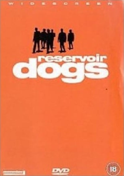 Reservoir Dogs DVD cover with an orange background, black silhouette of five characters, large white title text, and a DVD logo at the bottom.