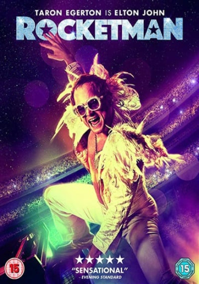 Movie poster for 'Rocketman' featuring Elton John in a dynamic pose with colorful lighting.