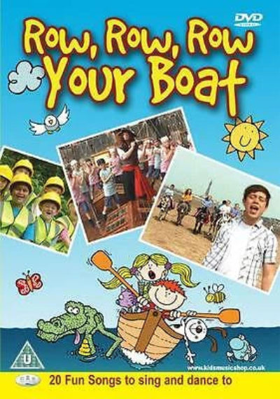 DVD cover for the children's activity DVD 'Row, Row, Row Your Boat' featuring cartoon illustrations, photos of children in outdoor rowing activities, and a bright blue background.