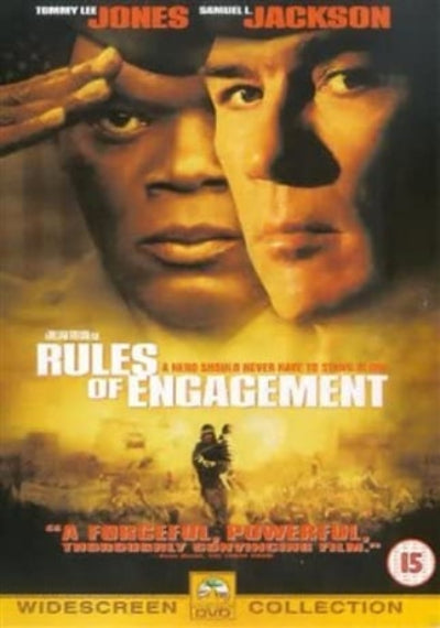 Movie poster for 'Rules of Engagement' featuring two men facing each other with a yellow background.