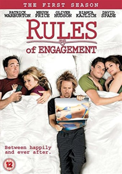 DVD cover for 'Rules of Engagement' Season 1, featuring the cast lying in bed on white bedding. The title 'RULES of ENGAGEMENT' is displayed in large red letters at the top, with actor names listed above and a 12 age rating logo in the bottom left corner.