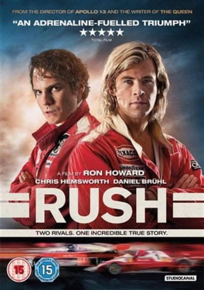Movie poster for the film Rush, featuring Chris Hemsworth and Daniel Brühl in red racing suits against a dramatic blue sky background, with the title RUSH in large white letters and race cars shown at the bottom.