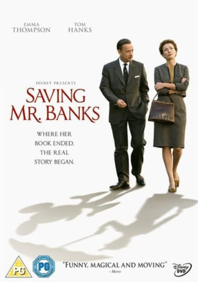 Movie poster for Disney's Saving Mr. Banks, featuring Emma Thompson and Tom Hanks walking on a white background with large cast shadows.