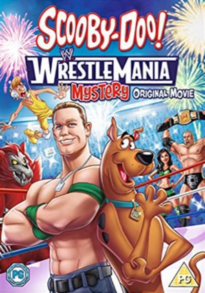 Scooby-Doo! WrestleMania Mystery Original Movie cover art featuring Scooby-Doo and a muscular wrestler in a ring, with WrestleMania branding and colorful fireworks in the background.