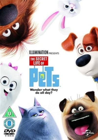 The Secret Life of Pets DVD cover featuring animated characters including a brown dog, white rabbit, white cat, blue cat, and tan dog on a white background with the title and Illumination and Universal logos.