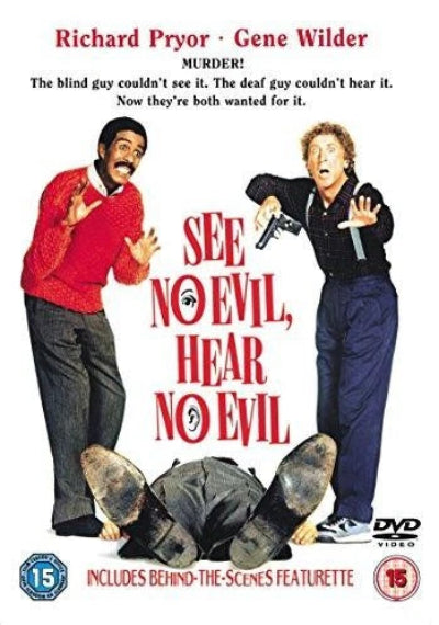 DVD cover for the movie 'See No Evil, Hear No Evil' starring Richard Pryor and Gene Wilder, featuring the two actors in dramatic poses with a fallen figure on the ground against a white background.