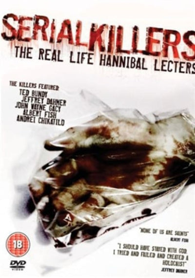 DVD cover for 'Serial Killers: The Real Life Hannibal Lecters' featuring a bloody plastic bag of meat on a white background with red title text and a DVD logo.