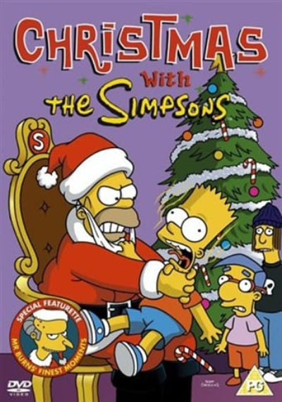 DVD cover for 'Christmas with the Simpsons' featuring Bart, Maggie, and Lisa Simpson alongside Homer Simpson dressed as Santa Claus, seated in a golden chair next to a decorated Christmas tree on a purple background.