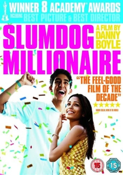 Movie poster for the film 'Slumdog Millionaire' featuring a young man and woman surrounded by falling confetti, with large pink title text and award-winning promotional copy at the top.