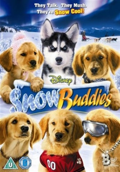 Disney Snow Buddies movie cover featuring several dogs in a snowy outdoor scene, with the title 'Snow Buddies' in large blue and yellow letters and Disney branding above.